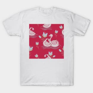 Viva magenta swans and flowers repeat pattern T-Shirt